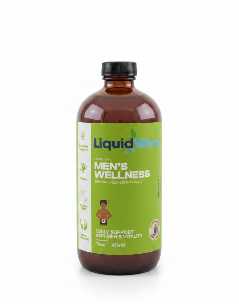 Liquid Blenz Men’s Wellness 16 oz herbal tonic bottle with green label.
