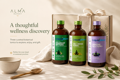 Alma Botanical Tonic Trio styled in a premium natural tabletop composition with soft wellness textures and informational overlay about the bundle benefits.