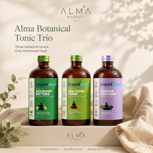 Three-bottle Alma Botanical Tonic Trio featuring Liquid Blenz Soursop Bitters, Sea Moss Tonic, and Immune Restore+ in a clean editorial wellness product scene.