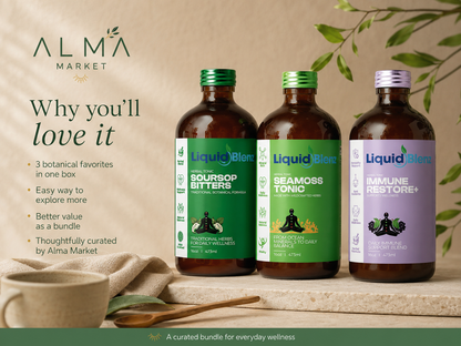 Giftable editorial image of the Alma Botanical Tonic Trio with three Liquid Blenz tonics styled in a calm elevated wellness setting.
