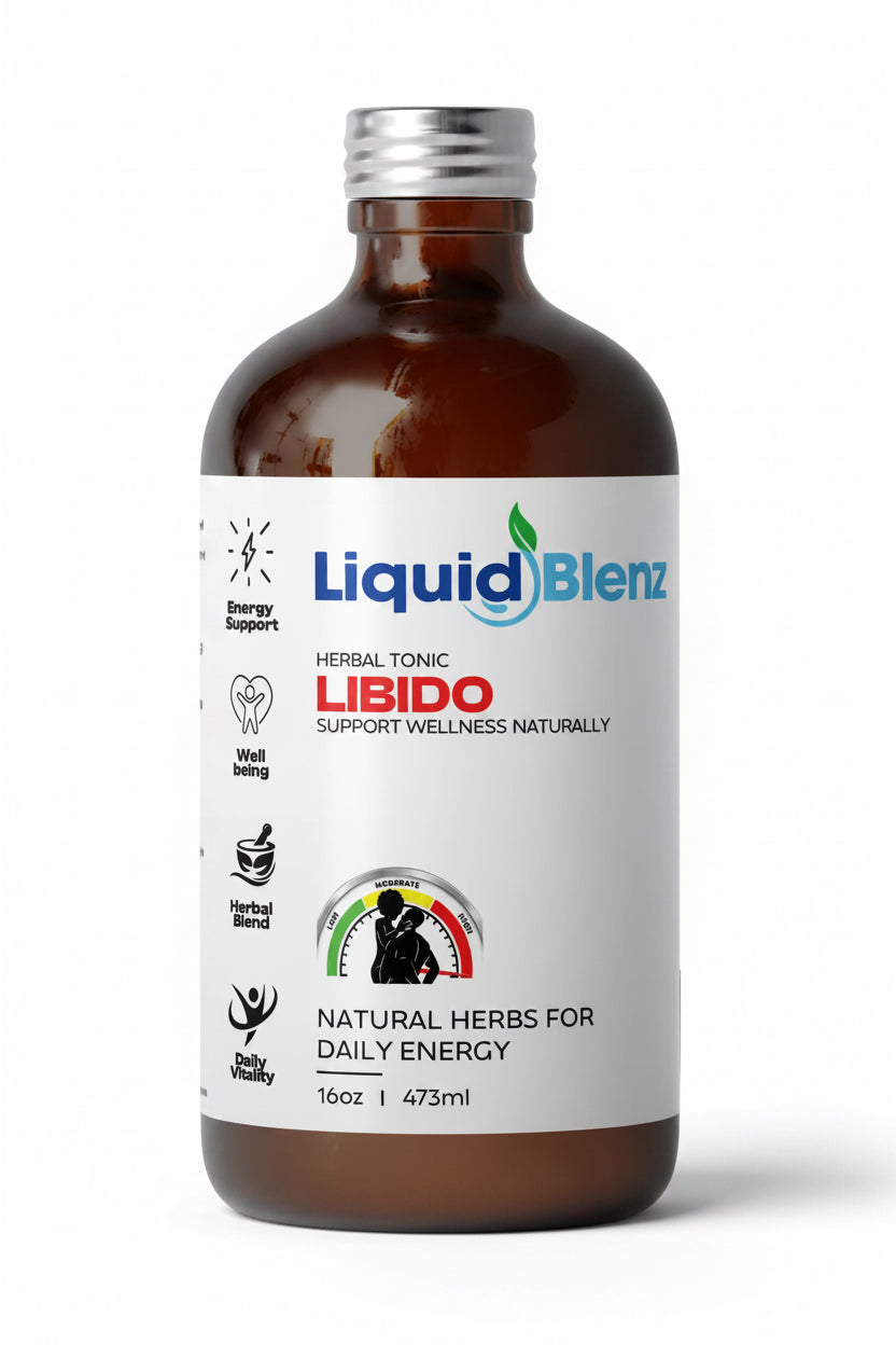 Liquid Blenz Libido 16 oz herbal tonic bottle with white label, silver cap and red product name.