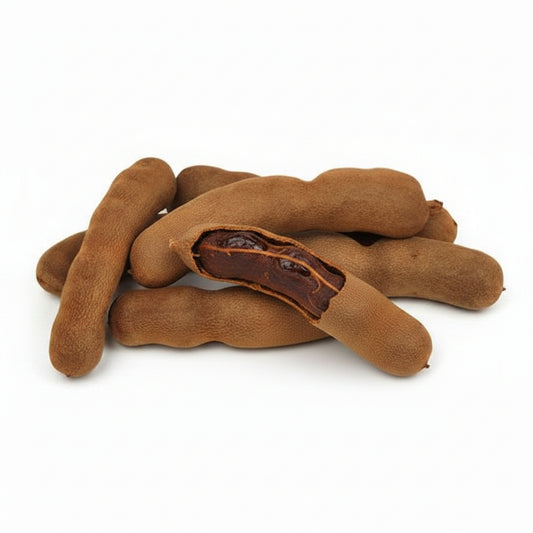 Whole fresh sour tamarind pods with brown shells and exposed dark tangy pulp.