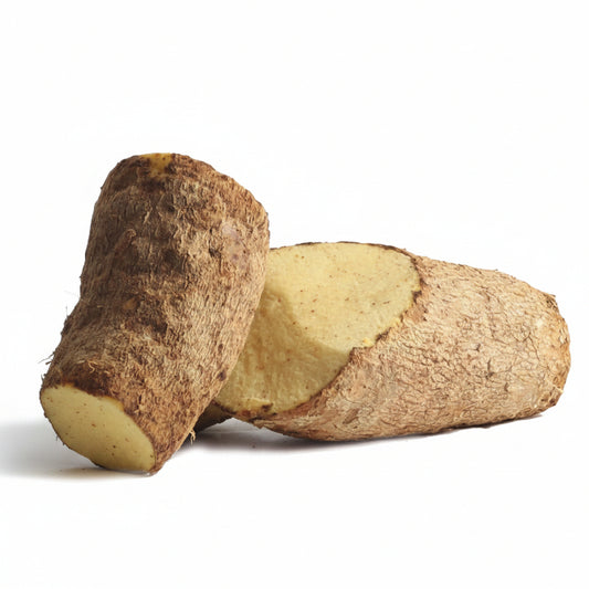 Fresh Jamaican Yellow Yam with rough brown skin and pale yellow flesh, sold in an approximately 1 lb portion.