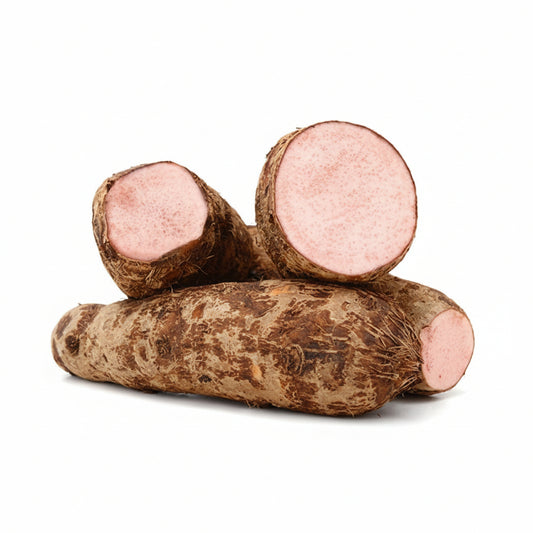 Fresh Purple Malanga roots with rough brown skin and pale pink-purple flesh, sold in an approximately 2 lb portion.