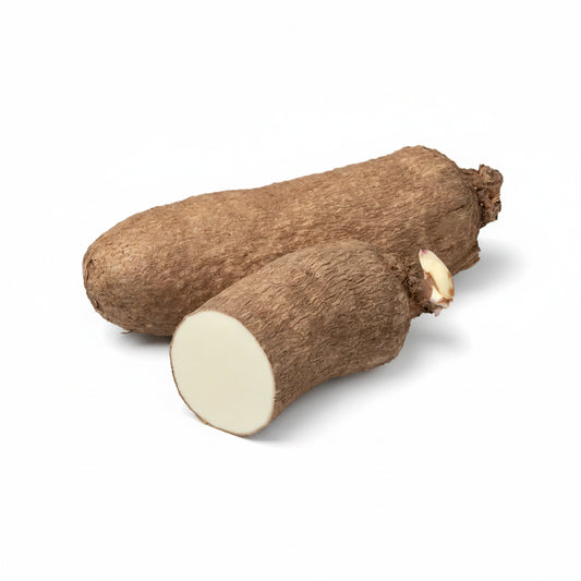Fresh White Yam roots with brown textured skin and firm white flesh, sold in an approximately 2 lb portion.